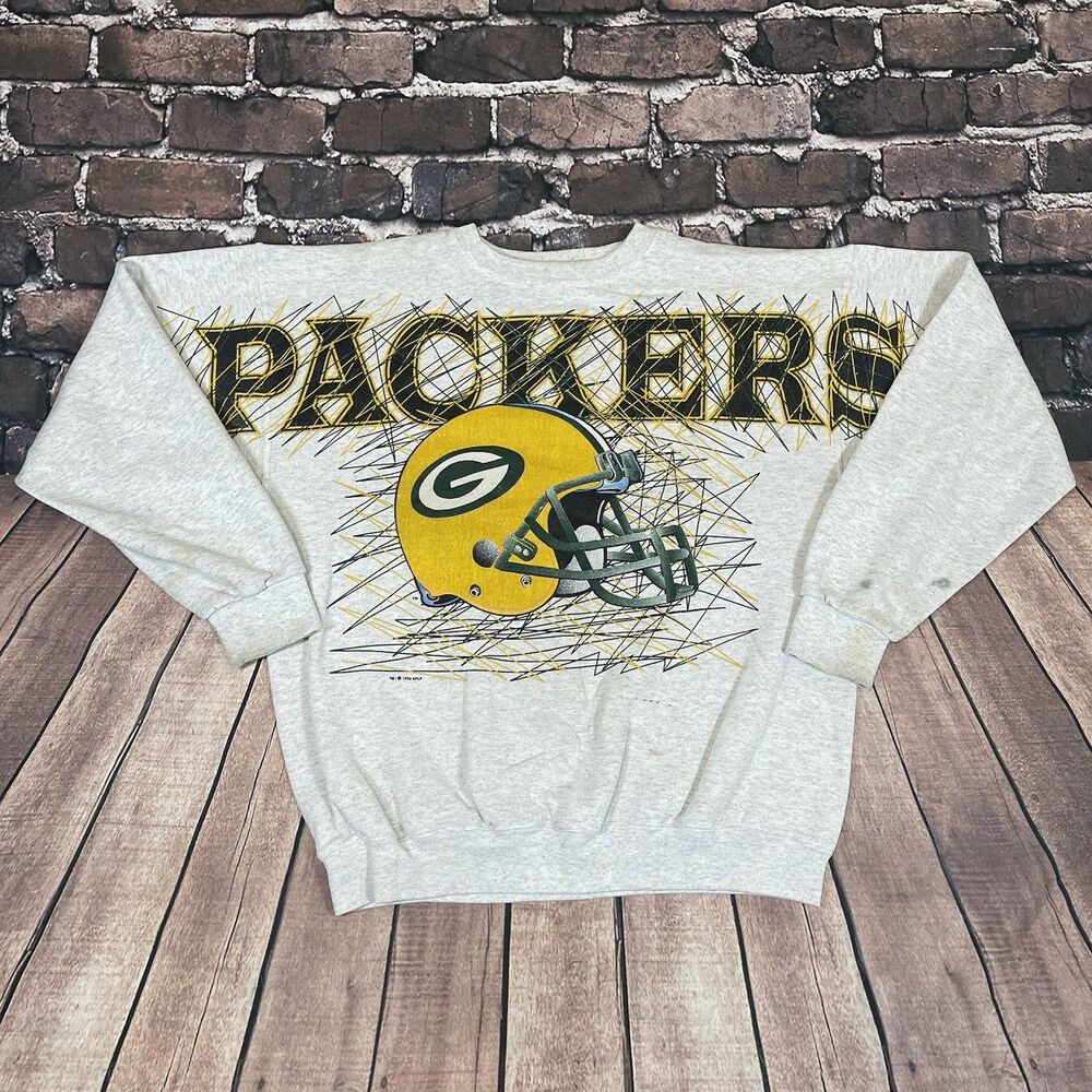 Vintage 90s NFL Green Bay Packers Spellout Sweatshirt Crewneck Size Large Gray